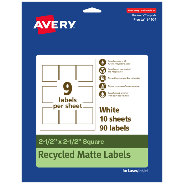 AVERY PRODUCTS CORPORATION 94104-EWMP10 Avery Recycled Paper Labels, 94104-EWMP10, Square, 2-1/2in x 2-1/2in, White, Pack Of 90 AVERY PRODUCTS CORPORATION 94104-EWMP10 Avery Recycled Paper Labels, 94104-EWMP10, Square, 2-1/2in x 2-1/2in, White, Pack Of 90