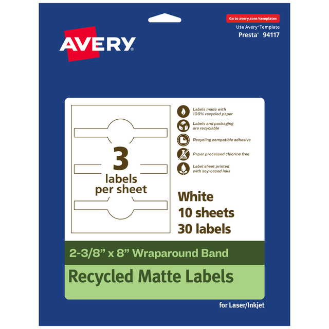 AVERY PRODUCTS CORPORATION 94117-EWMP10 Avery Recycled Paper Labels, 94117-EWMP10, Cigar, 2-3/8in x 8in, White, Pack Of 30 AVERY PRODUCTS CORPORATION 94117-EWMP10 Avery Recycled Paper Labels, 94117-EWMP10, Cigar, 2-3/8in x 8in, White, Pack Of 30
