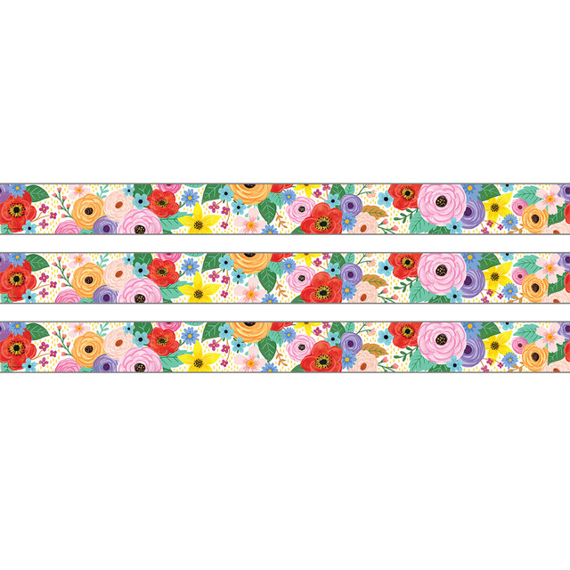 Decorate your classroom with the Teacher Created Resources Straight Rolled Border Trim. Made with tough paper material, this trim gives your room a fun, colorful look.  Paper can withstand the whole school year.  Can be mixed and matched with other border trim for a unique look.  Rolls can be cut to the desired size.  Wildflowers design.