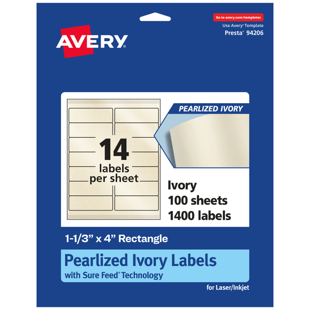 AVERY PRODUCTS CORPORATION 94206-PIP100 Avery Pearlized Permanent Labels With Sure Feed, 94206-PIP100, Rectangle, 1-1/3in x 4in, Ivory, Pack Of 1,400 Labels AVERY PRODUCTS CORPORATION 94206-PIP100 Avery Pearlized Permanent Labels With Sure Feed, 94206-PIP100, Rectangle, 1-1/3in x 4in, Ivory, Pack Of 1,400 Labels