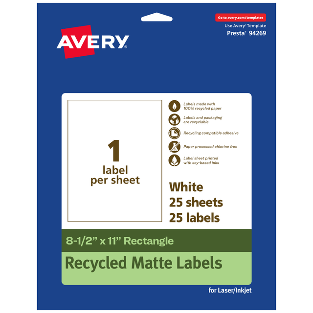 AVERY PRODUCTS CORPORATION 94269-EWMP25 Avery Recycled Paper Labels, 94269-EWMP25, Rectangle, 8-1/2in x 11in, White, Pack Of 25 AVERY PRODUCTS CORPORATION 94269-EWMP25 Avery Recycled Paper Labels, 94269-EWMP25, Rectangle, 8-1/2in x 11in, White, Pack Of 25