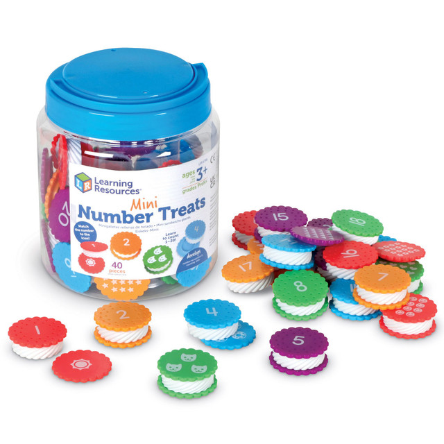This set of 20 colorful cookies helps kids count from 1 to 20 with a fun twist-one side shows the numeral, and the other side features a picture of the corresponding number of dolphins, beach balls, and more! Assembled cookies measure 1.75inH x 1.75inW, providing an engaging way for children to develop number and color recognition skills.  Count from 1-20 with these colorful number treats  Two ways to count-numbers on one side, icons on the other  Match the number with the corresponding pictures  Builds essential number and color recognition skills  Reusable storage tub included