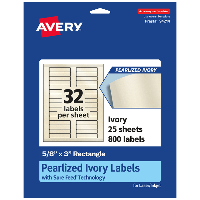 AVERY PRODUCTS CORPORATION 94214-PIP25 Avery Pearlized Permanent Labels With Sure Feed, 94214-PIP25, Rectangle, 5/8in x 3in, Ivory, Pack Of 800 Labels
