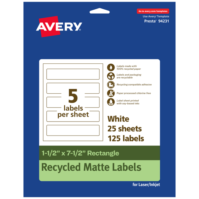 AVERY PRODUCTS CORPORATION 94231-EWMP25 Avery Recycled Paper Labels, 94231-EWMP25, Rectangle, 1-1/2in x 7-1/2in, White, Pack Of 125 AVERY PRODUCTS CORPORATION 94231-EWMP25 Avery Recycled Paper Labels, 94231-EWMP25, Rectangle, 1-1/2in x 7-1/2in, White, Pack Of 125