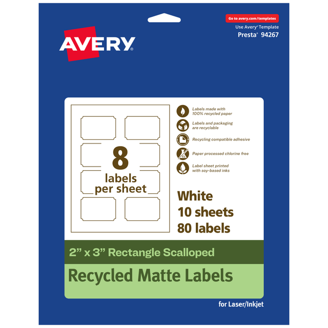 AVERY PRODUCTS CORPORATION 94267-EWMP10 Avery Recycled Paper Labels, 94267-EWMP10, Rectangle Scalloped, 2in x 3in, White, Pack Of 80 AVERY PRODUCTS CORPORATION 94267-EWMP10 Avery Recycled Paper Labels, 94267-EWMP10, Rectangle Scalloped, 2in x 3in, White, Pack Of 80