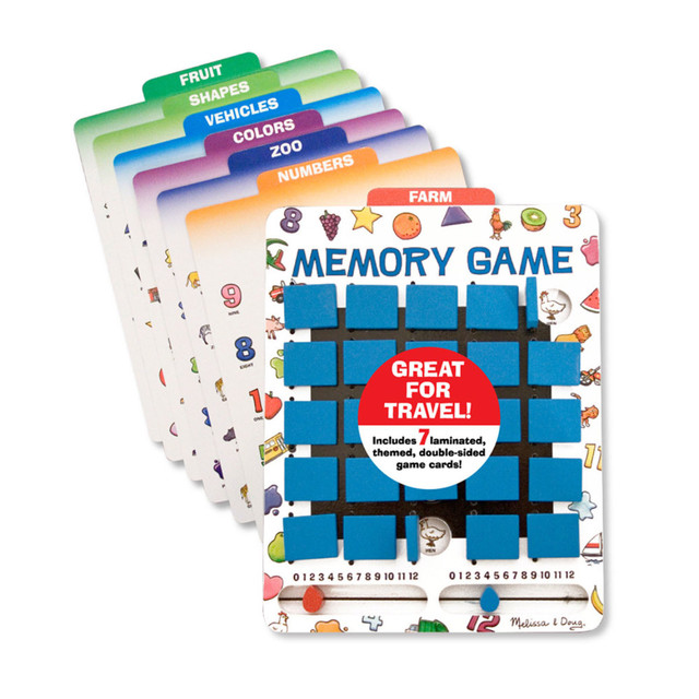 This wooden travel memory game offers 14 fun themes, where players slide a card into the gameboard and start looking for matching pairs. It includes a sturdy wooden frame with 25 flaps, seven double-sided game cards, and a two-player scoreboard. Everything conveniently stores in the board, making it perfect for travel!  Wooden travel memory game with durable design  Includes a wooden frame with 25 flaps and sliding scorekeepers  Comes with 7 double-sided, laminated, themed game cards  Features colorful illustrations on themes like colors, zoo, fruit, and more  No loose pieces, all components conveniently store in the board  Compact size, perfect for travel (measures 0.9in x 11.7in x 8.7in)  Fun for two players, great for on-the-go entertainment