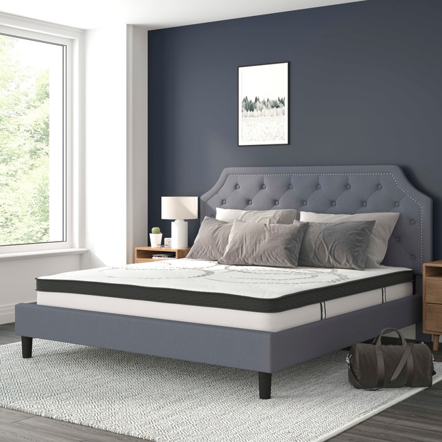 FLASH FURNITURE SLBM1012 Brighton Tufted Upholstered Platform Bed With 10in CertiPUR-US Certified Foam And Pocket Spring Mattress, King, Light Gray FLASH FURNITURE SLBM1012 Brighton Tufted Upholstered Platform Bed With 10in CertiPUR-US Certified Foam And Pocket Spring Mattress, King, Light Gray