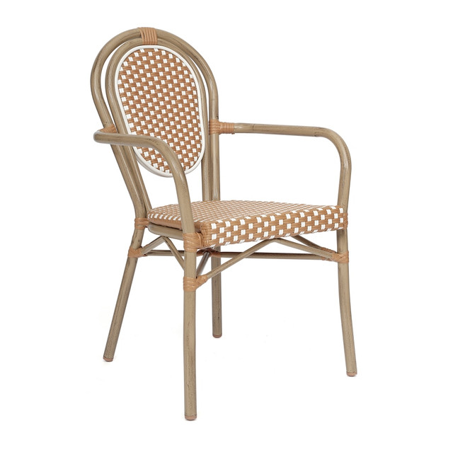 FLASH FURNITURE SDA6422ANWLTN Lourdes Indoor/Outdoor Commercial Thonet Bistro Stacking Chair with Arms, PE Rattan and Aluminum Frame, Natural & White/Light Natural Frame FLASH FURNITURE SDA6422ANWLTN Lourdes Indoor/Outdoor Commercial Thonet Bistro Stacking Chair with Arms, PE Rattan and Aluminum Frame, Natural & White/Light Natural Frame