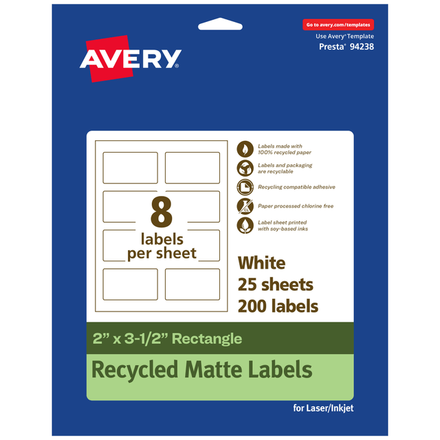 AVERY PRODUCTS CORPORATION 94238-EWMP25 Avery Recycled Paper Labels, 94238-EWMP25, Rectangle, 2in x 3-1/2in, White, Pack Of 200 AVERY PRODUCTS CORPORATION 94238-EWMP25 Avery Recycled Paper Labels, 94238-EWMP25, Rectangle, 2in x 3-1/2in, White, Pack Of 200