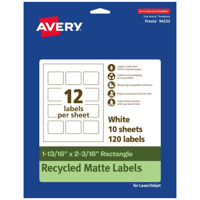 AVERY PRODUCTS CORPORATION 94233-EWMP10 Avery Recycled Paper Labels, 94233-EWMP10, Rectangle, 1-13/16in x 2-3/16in, White, Pack Of 120 AVERY PRODUCTS CORPORATION 94233-EWMP10 Avery Recycled Paper Labels, 94233-EWMP10, Rectangle, 1-13/16in x 2-3/16in, White, Pack Of 120