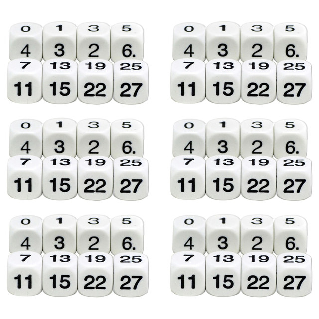 Koplow Games Math Numbers Dice Set is a fun, hands-on way for students to learn basic math skills.  Children learn more effectively when it is reinforced through play.  A fun, hands-on way for students to learn basic math skills.  Perfect for individual play, in small groups or as a classroom making these dice a great educational resource.  Dice measure 16mm (5/8in).  Each set includes 8 dice, one die each of (0-5), (5-10), (1-6), (7-12), (13-18), (19-24), (25-30), and (1-3 twice).  Sold as 6 sets for a total of 48 dice.