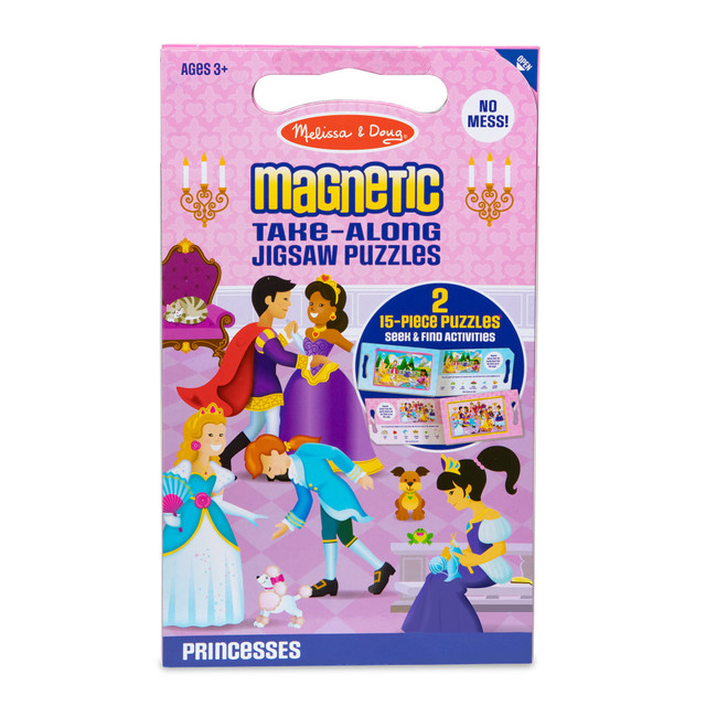 This portable play set features two 15-piece magnetic puzzles with charming princess scenes, offering fun on the go. The compact, fold-out format includes a built-in carrying handle, while the shape-coded pieces make sorting easy. The puzzle pieces cling to the inside surfaces to minimize mess, and seek-and-find activities provide an extra challenge once the puzzles are completed.  Two 15-piece princess-themed magnetic jigsaw puzzles in a compact, fold-out format  Magnetic puzzle pieces cling to the inside surfaces to minimize mess  Carrying handle makes it a perfect travel activity  Pieces are shape-coded on the back for easy sorting  Includes reference picture and seek-and-find activities for both puzzles  Makes a great gift for preschoolers, ages 3 to 5, for hands-on, screen-free play  Ages 3+