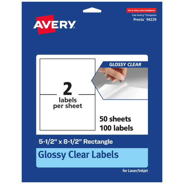 AVERY PRODUCTS CORPORATION 94229-CGF50 Avery Glossy Permanent Labels, 94229-CGF50, Rectangle, 5-1/2in x 8-1/2in, Clear, Pack Of 100
