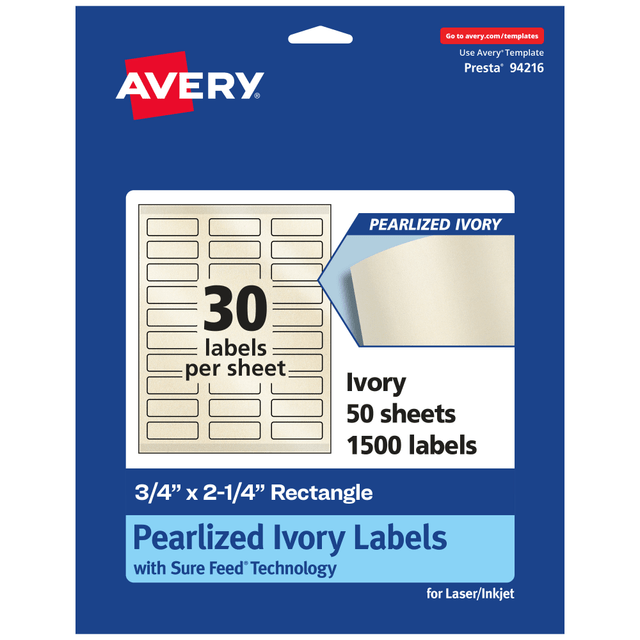 AVERY PRODUCTS CORPORATION 94216-PIP50 Avery Pearlized Permanent Labels With Sure Feed, 94216-PIP50, Rectangle, 3/4in x 2-1/4in, Ivory, Pack Of 1,500 Labels AVERY PRODUCTS CORPORATION 94216-PIP50 Avery Pearlized Permanent Labels With Sure Feed, 94216-PIP50, Rectangle, 3/4in x 2-1/4in, Ivory, Pack Of 1,500 Labels