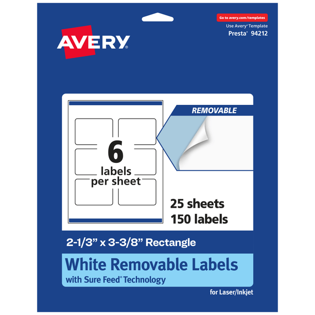 AVERY PRODUCTS CORPORATION 94212-RMP25 Avery Removable Labels With Sure Feed, 94212-RMP25, Rectangle, 2-1/3in x 3-3/8in, White, Pack Of 150 Labels AVERY PRODUCTS CORPORATION 94212-RMP25 Avery Removable Labels With Sure Feed, 94212-RMP25, Rectangle, 2-1/3in x 3-3/8in, White, Pack Of 150 Labels
