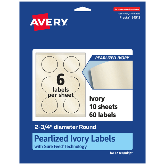 AVERY PRODUCTS CORPORATION 94512-PIP10 Avery Pearlized Permanent Labels With Sure Feed, 94512-PIP10, Round, 2-3/4in Diameter, Ivory, Pack Of 60 Labels AVERY PRODUCTS CORPORATION 94512-PIP10 Avery Pearlized Permanent Labels With Sure Feed, 94512-PIP10, Round, 2-3/4in Diameter, Ivory, Pack Of 60 Labels