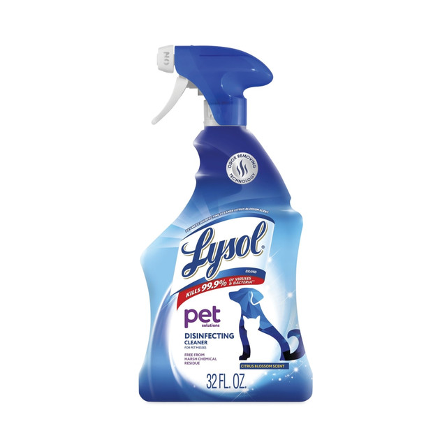 LYSOL Pet Solutions Disinfecting Cleaner is formulated to clean and disinfect tough, dried-on pet messes. Effectively cleans messes like poop, urine and vomit. Includes Odor Removal Technology to neutralize unpleasant odors from pet messes. Light citrus fragrance discourages remarking. Made with hydrogen peroxide to be suitable for use around pets.  Effectively cleans pet messes like poop, urine and vomit.  Includes Odor Removal Technology to neutralize unpleasant odors from pet messes.  Light citrus fragrance discourages remarking.  Made with hydrogen peroxide to be suitable for use around pets.  Free from harsh chemical residue.