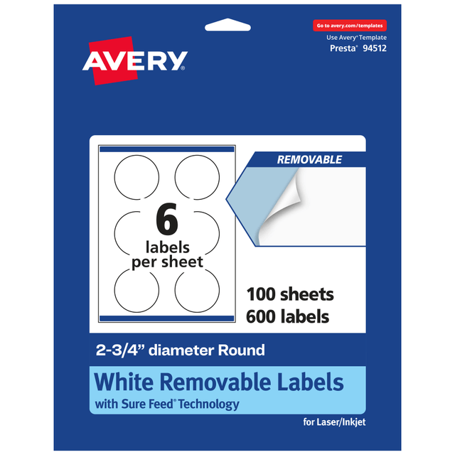 AVERY PRODUCTS CORPORATION 94512-RMP100 Avery Removable Labels With Sure Feed, 94512-RMP100, Round, 2-3/4in Diameter, White, Pack Of 600 Labels