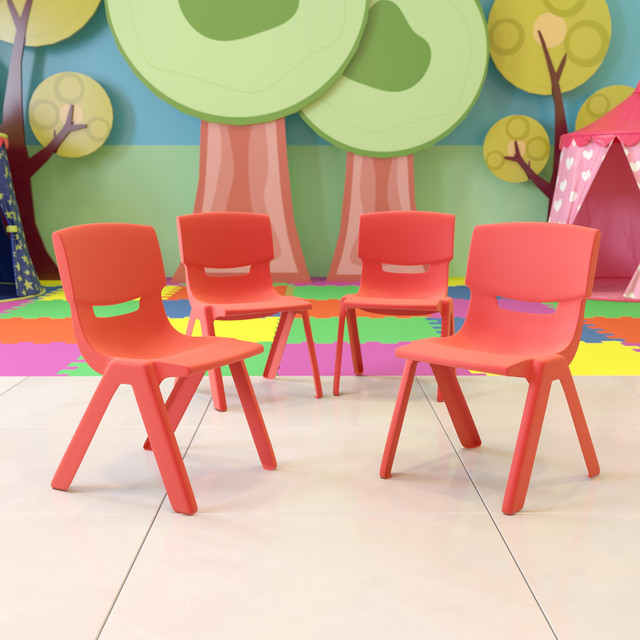 Design a modern, comfortable classroom for your students with the help of these Flash Furniture Plastic Stackable School Chairs With 13-1/4in Seat Height. Each chair boasts a sturdy plastic construction with a contoured seat for support.  Overall Dimensions: 23-1/4inH x 14-1/2inW x 15-3/4inD.  Weight capacity tested to support 286 lb.  Made from durable plastic.  Contoured polypropylene shell.  Chairs can stack up to 10 high for storage.  Recommended for grades kindergarten through 2nd.  Save time - no assembly required.