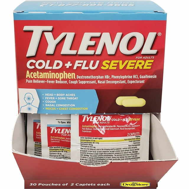 MECHANICAL SERVANTS LLC 64568 Tylenol Cold & Flu Severe Single-Dose Packets - For Tylenol Cold, Flu, Fever, Body Ache, Pain, Headache, Sore Throat, Nasal Congestion, Cough - 2Packet - 30 / Box
