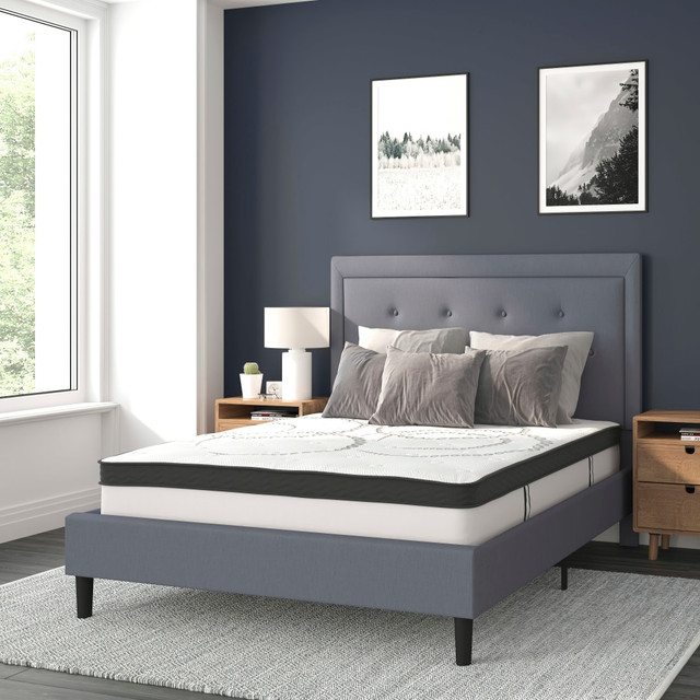 FLASH FURNITURE SLBM1026  Roxbury Tufted Upholstered Platform Bed with 10in CertiPUR-US Certified Foam and Pocket Spring Mattress, Full, 50-3/4inH x 59inW x 81inL, Light Gray