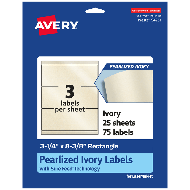 AVERY PRODUCTS CORPORATION 94251-PIP25 Avery Pearlized Permanent Labels With Sure Feed, 94251-PIP25, Rectangle, 3-1/4in x 8-3/8in, Ivory, Pack Of 75 Labels AVERY PRODUCTS CORPORATION 94251-PIP25 Avery Pearlized Permanent Labels With Sure Feed, 94251-PIP25, Rectangle, 3-1/4in x 8-3/8in, Ivory, Pack Of 75 Labels