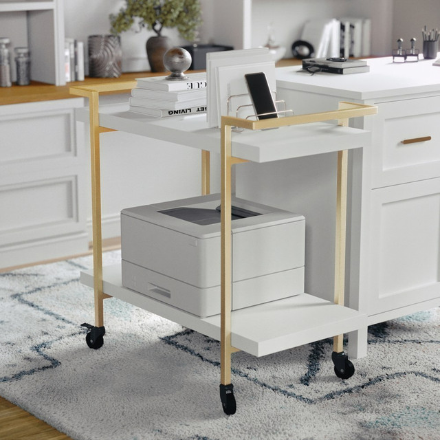 FLASH FURNITURE NANJH17107WHGLD Martha Stewart Liam 2-Tier Office Storage And Printer Cart, White/Polished Brass