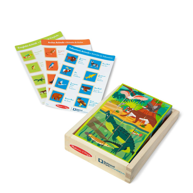 Learn about the national parks with the Melissa & Doug National Parks Wooden Blocks & Cube Puzzle. This puzzle helps develop matching, problem-solving and fine motor skills.  Identification guides feature animals in English and Spanish, pictures of completed park scenes and search-and-find activities.  Helps develop matching, problem-solving and fine motor skills.  Blocks store in a wooden tray for storage.