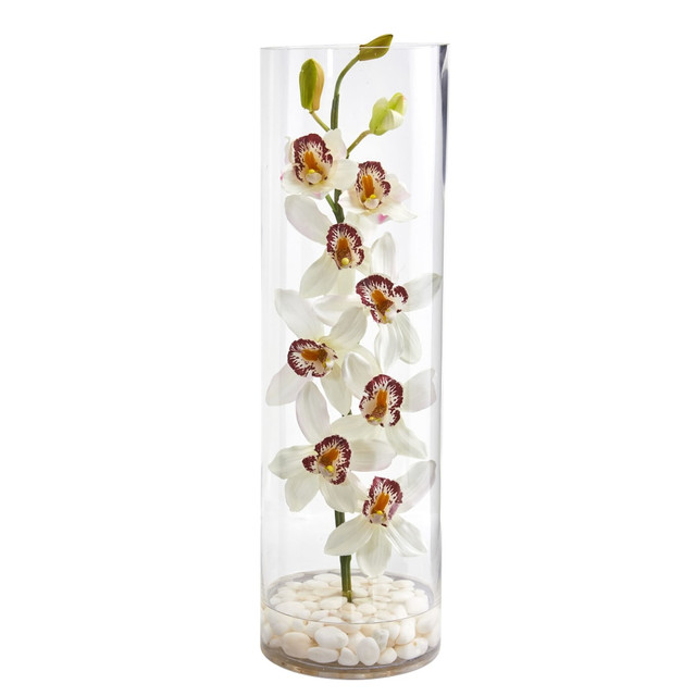 NEARLY NATURAL INC. 1710-WH Nearly Natural Cymbidium Orchid 20inH Artificial Floral Arrangement With Tall Cylinder Vase, 20inH x 6inW x 6inD, White