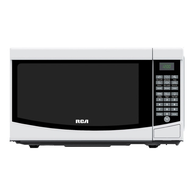 Add a versatile cooking and heating option to your kitchen with the RCA Countertop Microwave Oven With Glass Turntable. Use the microwave to reheat cooked foods, cook various meals, defrost frozen goods and more. This durable microwave features six 1-touch presets to cook popular foods quickly.  Features 10 power levels with a max output of 700W.  Heat popular foods simply with six 1-touch presets.  Defrost and cook by weight for optimal results.  Glass turntable is removable for easy cleaning.  LED display features a digital clock and timer.  Safety locking mechanism helps to prevent accidents.  Backed by the manufacturers 1-year limited warranty.
