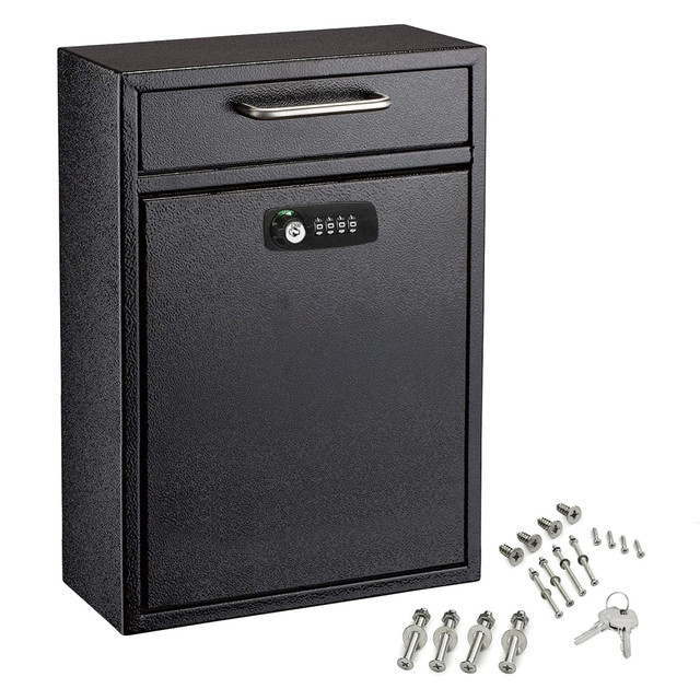ADIR CORP. ADI631-04-BLK-KC AdirOffice Large Drop Box Wall Mounted Locking Mail Box With Key And Combination Lock, 16-1/4inH x 11-1/4inW x 4-3/4inD, Black