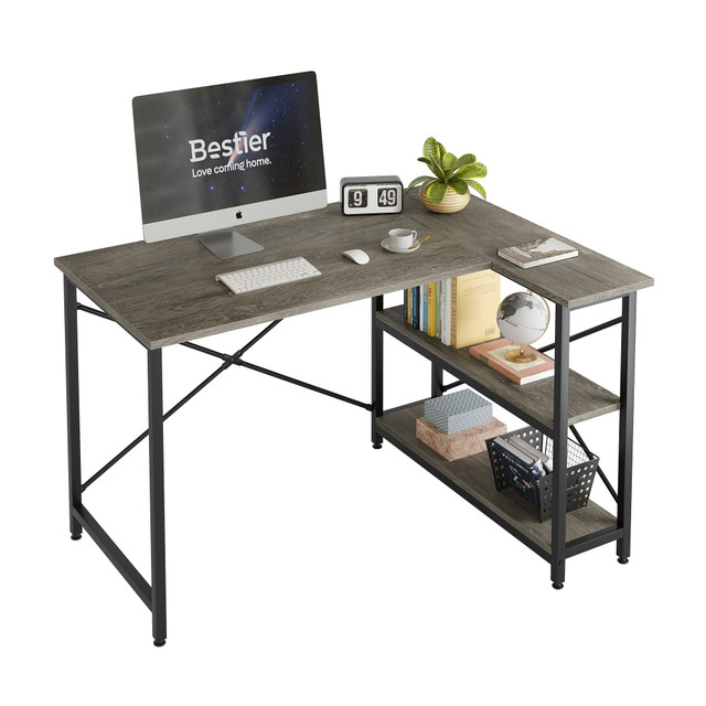 BESTIER BEST-1298-D31GRY L-Shaped Corner Desk With Storage Shelf, 48inW, Dark Retro Gray Oak BESTIER BEST-1298-D31GRY L-Shaped Corner Desk With Storage Shelf, 48inW, Dark Retro Gray Oak