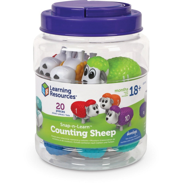 Counting sheep isnT just for bedtime anymore! The Snap-n-Learn Counting Sheep offers a fun way for little ones to learn number recognition, counting, sequencing, and color skills. This set features 10 two-piece sheep numbered 1-10, each with colorful wool and a surprise number of dots beneath, perfect for interactive play and learning.  COUNT up new number and color skills with these adorable sheep toys  MATCH the number sheeps colorful wool to the dots printed on their backs  BUILD fine motor skills with the sheeps snap-on, snap-off wool  STORE your number sheep in their reusable plastic storage tub  Perfect for ages 18 months and up  Enhances coordination and essential learning skills