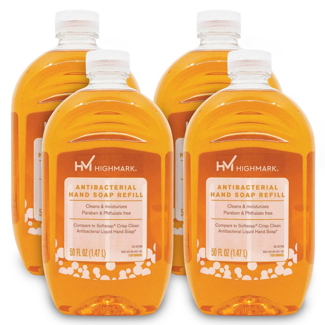 OFFICE DEPOT 20-22317 Highmark Antibacterial Liquid Hand Soap, Clean Scent, 50 Oz Refill Bottle, Orange, Case Of 4 Bottles