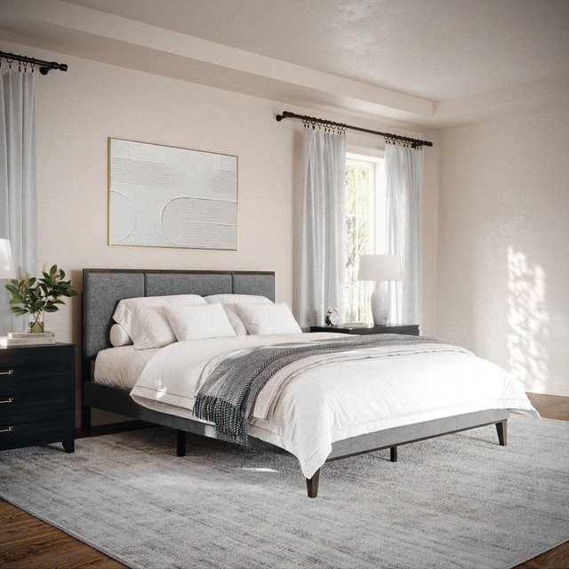 FLASH FURNITURE MG0900271FQBNGY Martha Stewart Jett Solid Wood Platform Bed with Upholstered Base and Inset Paneled Headboard, Wood Slat Bottom, No Box Spring Needed, Gray Fabric/Brown Gray Frame, Queen