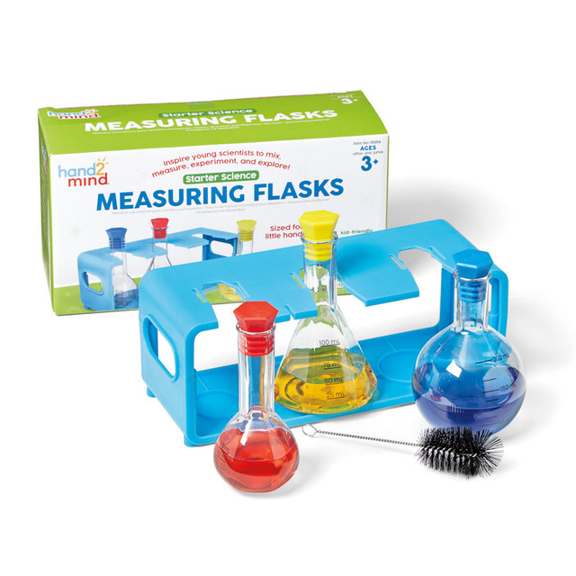 The Hand2Mind Starter Science Flasks 8-Piece Set will spark childrens interest in science. This set includes 3 durable plastic flasks, a brush and a sturdy storage stand for little scientists to explore measurement and volume.  Durable plastic flasks encourage children to measure, mix and pour different liquids.  Clear measurement marks, easy-to-grip necks and colorful stoppers are designed for little scientists.  Brush included for easy cleanup.  Sturdy storage stand has built-in handles for easy transport.