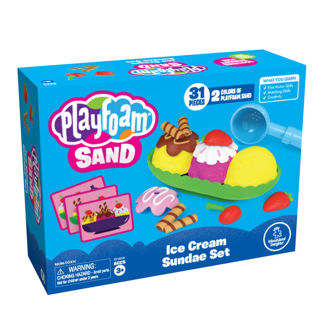 With the Educational Insights Playfoam Sand Ice Cream Sundae Set, children can take an order cards and use squishy and moldable Playfoam Sand to fulfill it. The set comes with 2 colors of Playfoam Sand and plenty of ice cream-related accessories.  Helps develop fine motor skills, counting skills and number recognition and encourages creative play.  Playfoam Sand can be sculpted and squished to make fun shapes.  Includes 2 colors of Playfoam Sand, 2 sundae boats, an ice cream scooper, 20 play toppings and 10 order cards.