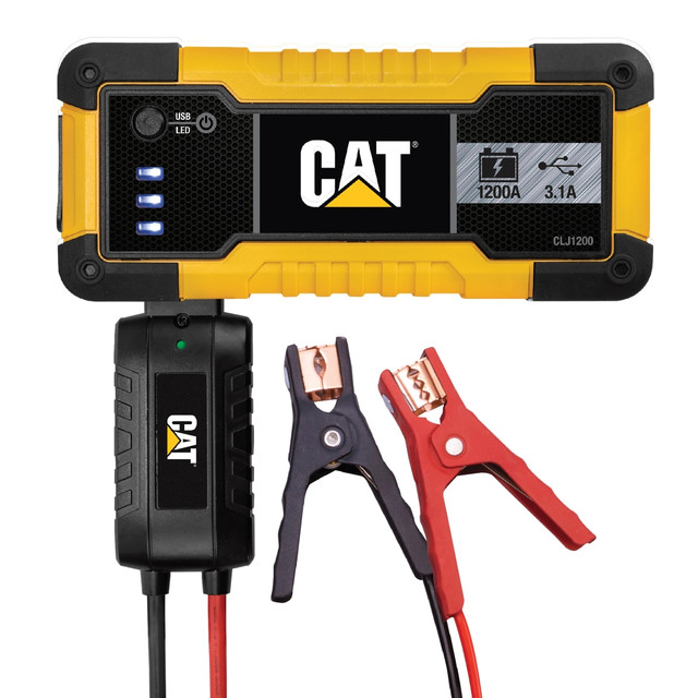 The CAT 1,200-Peak Amp Li-Ion Jump Starter is ideal to keep in your car. It can jump-start most vehicles on the road with detachable smart jumper cables. They can also rapidly charge your compatible smartphones and electronics.  Delivers 1,200 amps peak, enough to jump-start most vehicles including V8 cars and trucks.  Works as a power bank with 1 USB Type-A port and 1 quick-charging USB Type-C port (total 3.1 amps).  Easy-to-use, detachable smart cables.  Reverse polarity alarm alerts when there is an improper connection to battery.  Ultra bright LED helps illuminate work in dark areas.  Has a 3-bar battery display to show status.  Includes 2-amp AC adapter, 5-volt 2-amp DC adapter, USB-A to USB-A charging cable and smart jumper cables.  Backed by the manufacturers 1-year limited warranty.  ETL/Intertek listed.