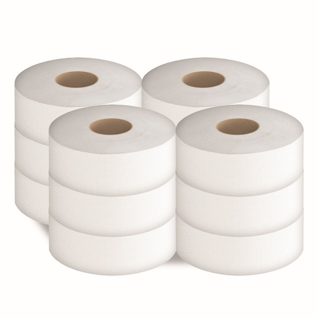 Reduce the amount of time spent refilling restroom tissue by choosing a jumbo-size roll that lasts much longer. The nonperforated design of the tissue lets the user choose however much they need.  Soft, single-ply bathroom tissue that is great for areas that see high traffic.  Nonperforated design.  2,000ft of paper per roll keeps the restroom stocked.  Sustainable and cost-wise solution.  Green Seal certified - reduced environmental impact from an overall lifecycle standpoint.  Less harsh chemicals - made with fewer harsh chemicals, or safer chemicals than typical alternatives, helping  reduce your use of and exposure to substances that may be more harmful to your health and the environment.  Contains Recycled Content - See Specs for Details.