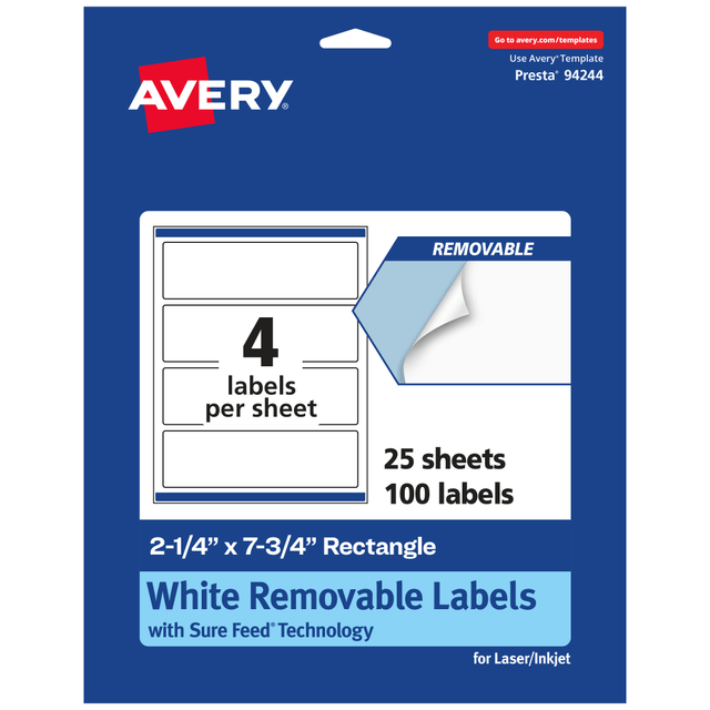 AVERY PRODUCTS CORPORATION 94244-RMP25 Avery Removable Labels With Sure Feed, 94244-RMP25, Rectangle, 2-1/4in x 7-3/4in, White, Pack Of 100 Labels AVERY PRODUCTS CORPORATION 94244-RMP25 Avery Removable Labels With Sure Feed, 94244-RMP25, Rectangle, 2-1/4in x 7-3/4in, White, Pack Of 100 Labels