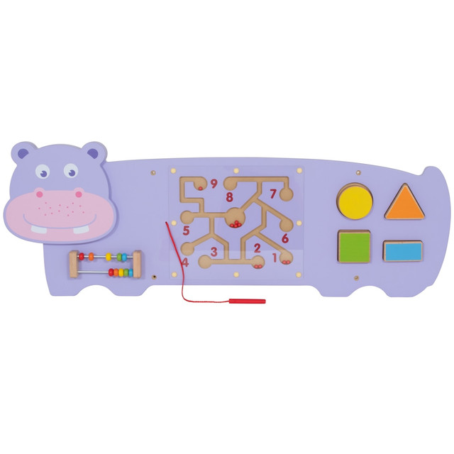The Activity Wall Panel helps develop motor, collaborative play, communication, language and early math skills. This wall toy is easy to assemble and provides a clutter-free play area.  Its perfect decor for daycare centers, waiting rooms, classrooms and more!  The activity panel includes fixing holes and screws for attachment.  The Hippo Activity Wall Panel contains an abacus, number maze and shape sorting puzzle.  Size of panel: 37inL x 14inW.