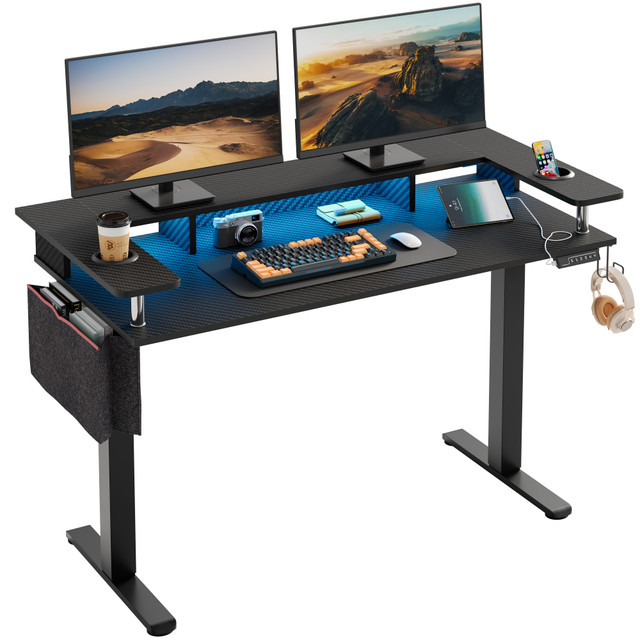 COMFY ZONE US LLC H1024147AUS-BDCF Bestier 59inW Electric Adjustable-Height Standing Desk With Monitor Riser, Cup Holder And Hooks, Carbon Fiber Black COMFY ZONE US LLC H1024147AUS-BDCF Bestier 59inW Electric Adjustable-Height Standing Desk With Monitor Riser, Cup Holder And Hooks, Carbon Fiber Black