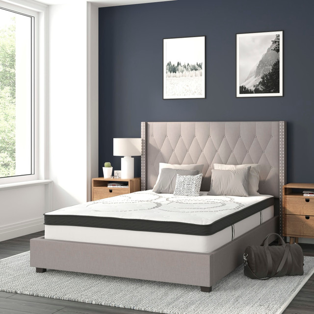 FLASH FURNITURE HGBM1042  Riverdale Tufted Upholstered Platform Bed With 10in CertiPUR-US Certified Foam And Pocket Spring Mattress, Full, Light Gray
