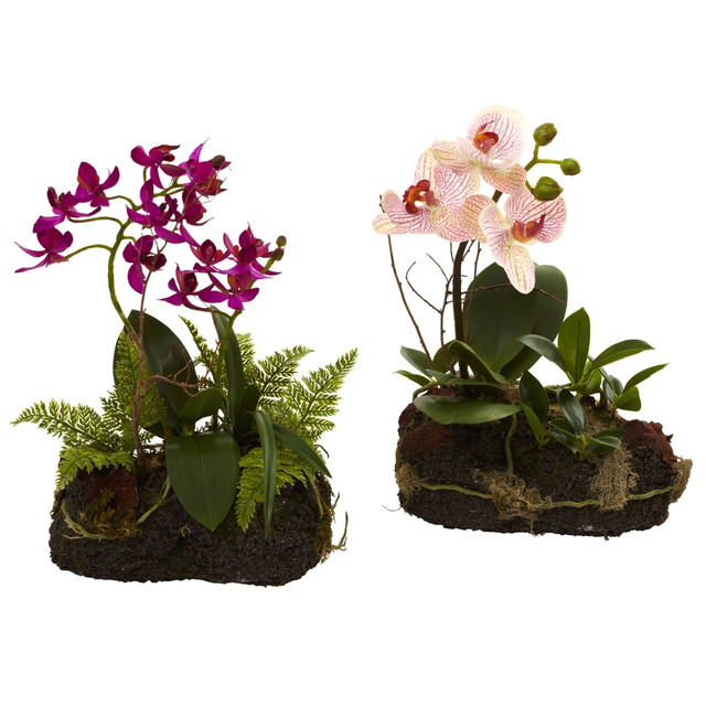 NEARLY NATURAL INC. 4835-S2 Nearly Natural Orchid Island 10inH Artificial Floral Arrangements With Pot, 10inH x 7inW x 6inD, Pink/Green, Set Of 2