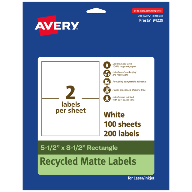 AVERY PRODUCTS CORPORATION 94229-EWMP100 Avery Recycled Paper Labels, 94229-EWMP100, Rectangle, 5-1/2in x 8-1/2in, White, Pack Of 200 AVERY PRODUCTS CORPORATION 94229-EWMP100 Avery Recycled Paper Labels, 94229-EWMP100, Rectangle, 5-1/2in x 8-1/2in, White, Pack Of 200
