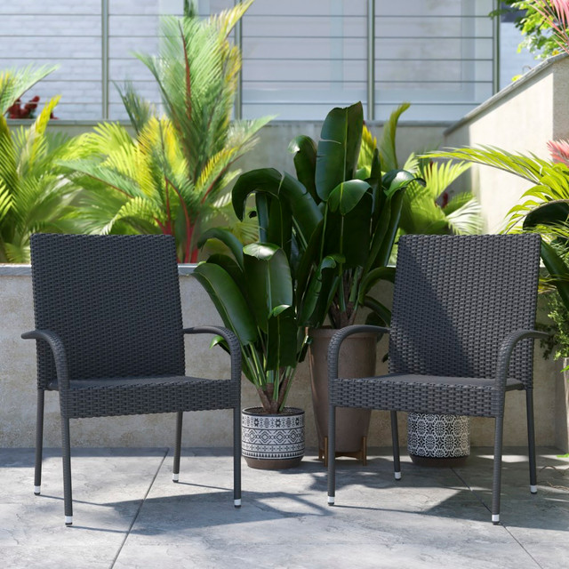 FLASH FURNITURE 2TW3WBE073GY  Maxim Steel/Wicker Indoor/Outdoor Dining Chairs, Gray, Set Of 2 Chairs