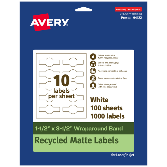 AVERY PRODUCTS CORPORATION 94122-EWMP100 Avery Recycled Paper Labels, 94122-EWMP100, Cigar, 1-1/2in x 3-1/2in, White, Pack Of 1000 AVERY PRODUCTS CORPORATION 94122-EWMP100 Avery Recycled Paper Labels, 94122-EWMP100, Cigar, 1-1/2in x 3-1/2in, White, Pack Of 1000