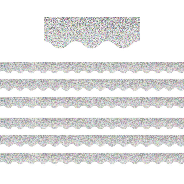 Create a unique bulletin board theme with the Teacher Created Resources Scalloped Border Trim Pack. These vibrant border trim strips are made of acid-free paper and help liven up your classroom.  Scalloped border trim helps liven up any classroom.  Made of acid-free paper.  Creates themes for bulletin boards, walls, windows and projects.  Each silver sparkle pack includes 12 strips for a total of 35ft.