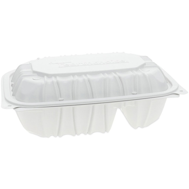 PACTIV CORP YCNW02052 Pactiv Evergreen EarthChoice Vented Microwavable MFPP Hinged Lid Containers, 2-Compartment, 3-1/8inH x 9inW x 6inD, White, Carton Of 170 Containers