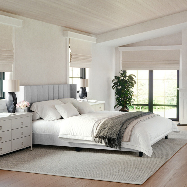FLASH FURNITURE TW3WDB03KGY Martha Stewart Kay Upholstered Platform Bed with Channel Stitched Wingback Headboard and Cushioned Siderails, Wood Slat Foundation, No Box Spring Needed, Gray Fabric/Black Legs, King FLASH FURNITURE TW3WDB03KGY Martha Stewart Kay Upholstered Platform Bed with Channel Stitched Wingback Headboard and Cushioned Siderails, Wood Slat Foundation, No Box Spring Needed, Gray Fabric/Black Legs, King